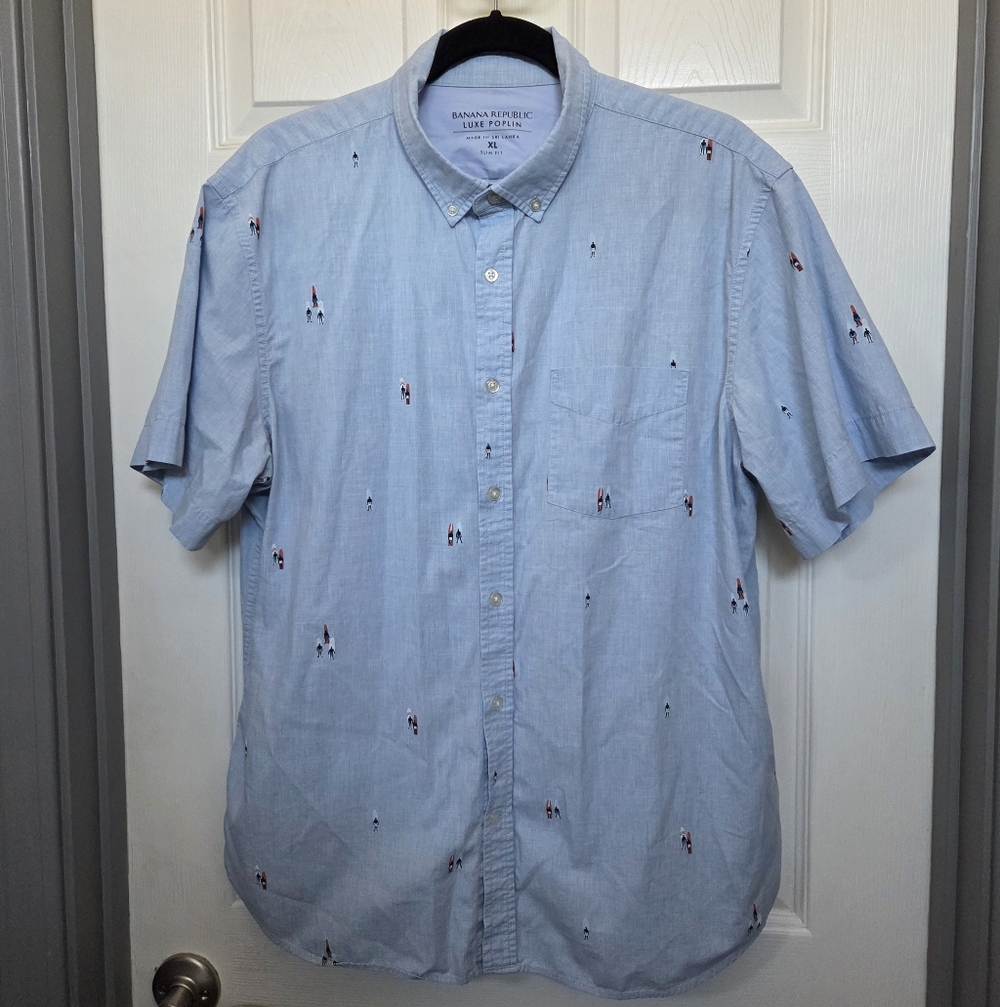 Banana Republic Men's Luxe Poplin Slim Fit 100% Cotton Mini Surfer Graphic Shirt